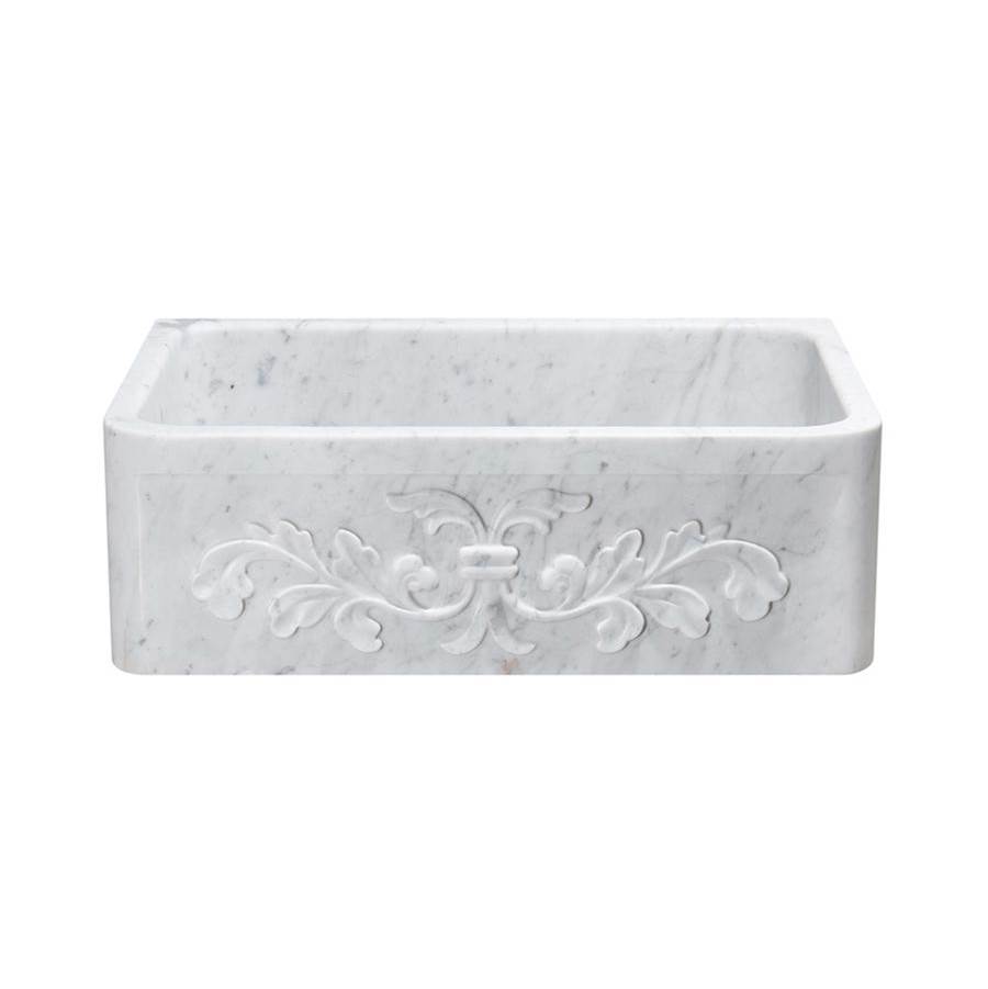 The Allstone Group 30'' Farmhouse Kitchen Sink, Floral Carving Front, Single Bowl, Carrara Marble