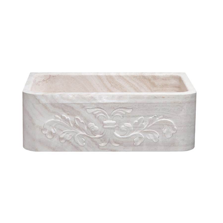 The Allstone Group 30'' Farmhouse Kitchen Sink, Floral Carving Front, Single Bowl, Roma Travertine