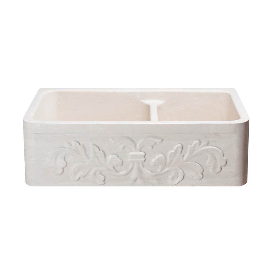The Allstone Group 33'' Farmhouse Kitchen Sink, Double Bowl, Floral Carving Front, Roma Travertine