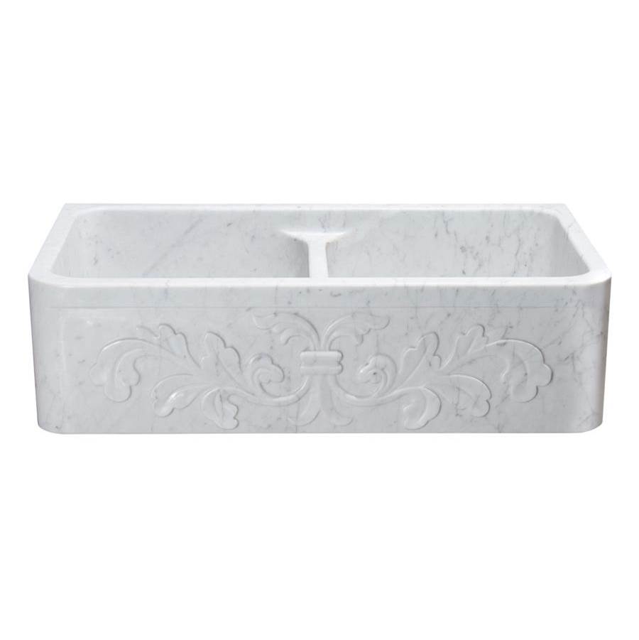 The Allstone Group 36'' Farmhouse Kitchen Sink, Double Bowl, Floral Carving Front, Carrara Marble