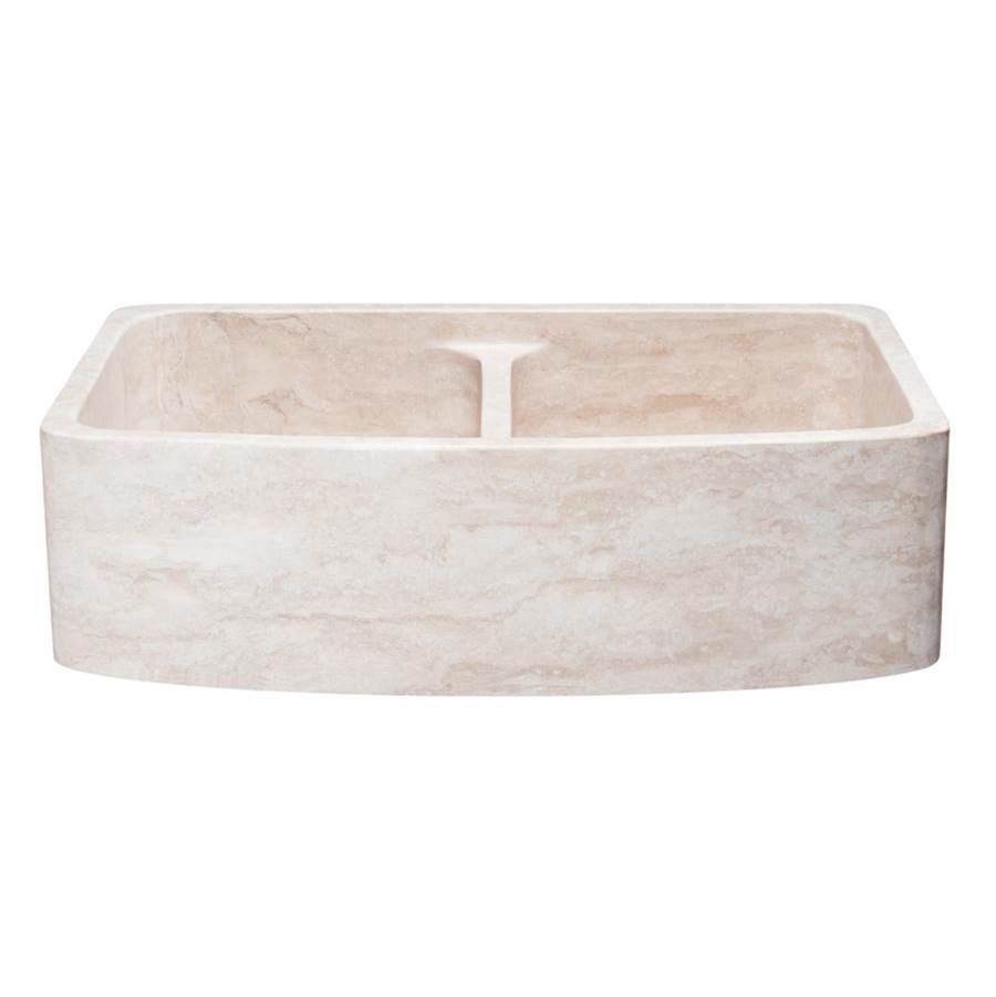 The Allstone Group 36'' Farmhouse Kitchen Sink, Double Bowl, Curved Front, Reversible, Roma Travertine