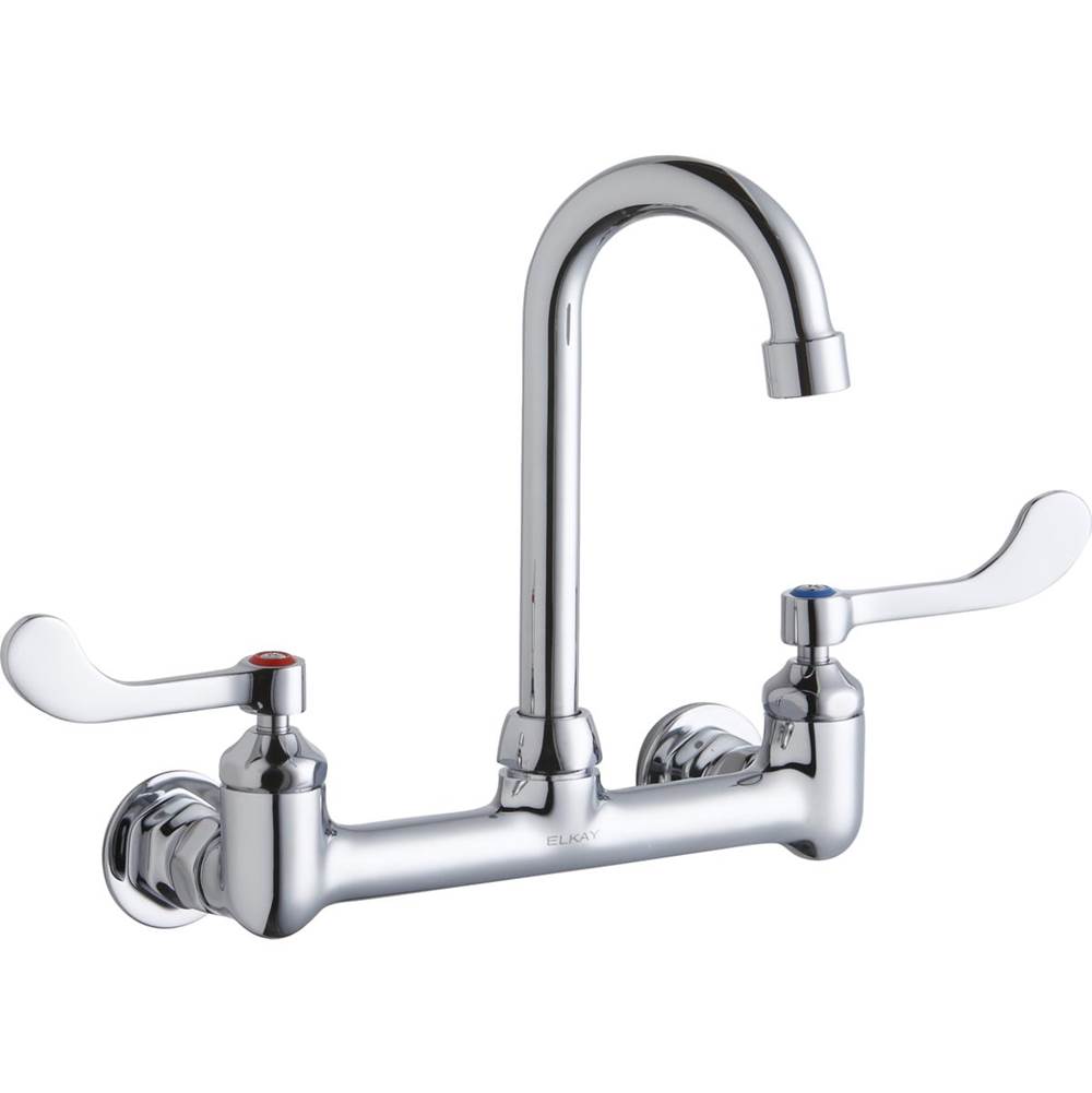Elkay Scrub/Handwash 8'' Centerset Wall Mount Faucet w/4'' Gooseneck Spout 4'' Wristblade Handles 1/2in Offset Inlet