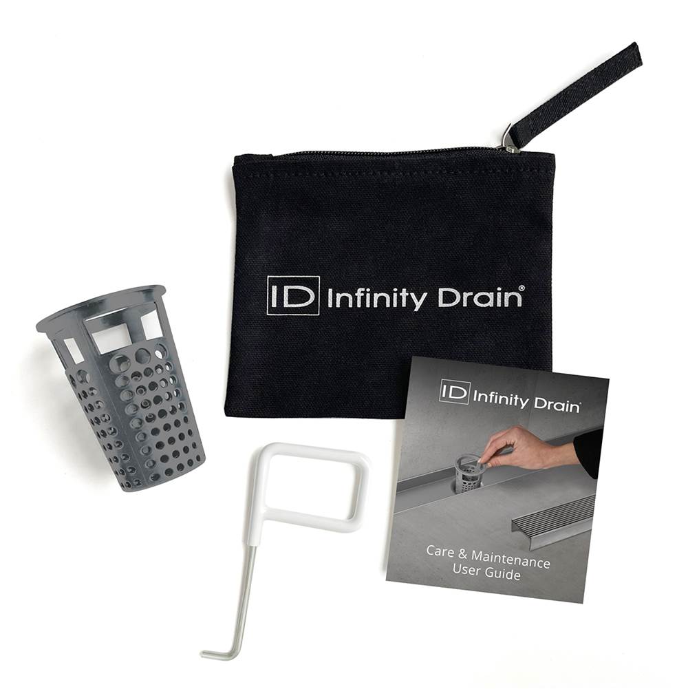 Infinity Drain Hair Maintenance Kit. Includes maintenance guide, DKEY Lift-out key, and HB 65 Hair Basket.
