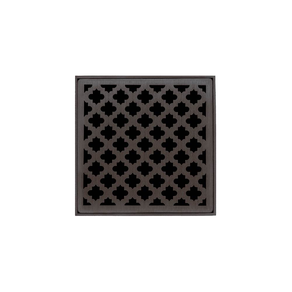 Infinity Drain 5'' x 5'' MDB 5 Complete Kit with Moor Pattern Decorative Plate in Oil Rubbed Bronze with PVC Bonded Flange Drain Body, 2'', 3'' and 4'' Outlet