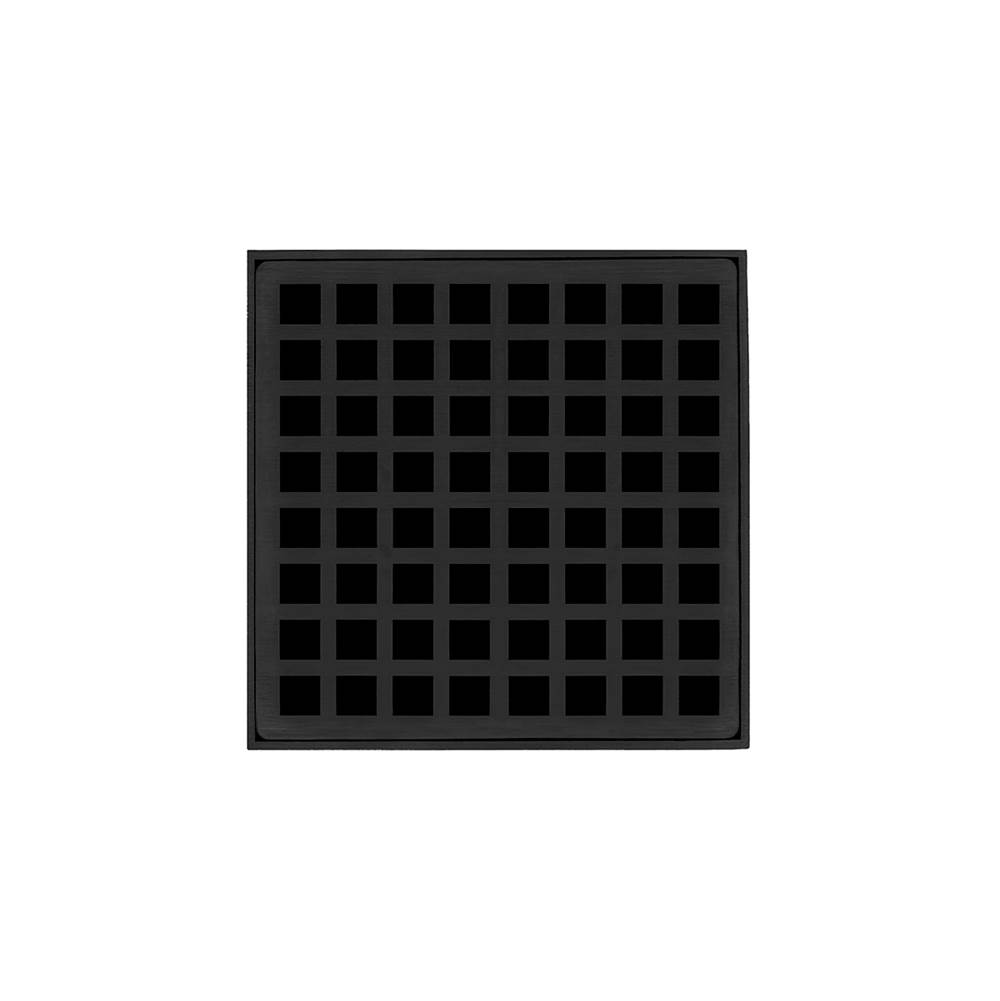 Infinity Drain 5'' x 5'' QD 5 High Flow Complete Kit with Squares Pattern Decorative Plate in Matte Black with Cast Iron Drain Body, 3'' No-Hub Outlet