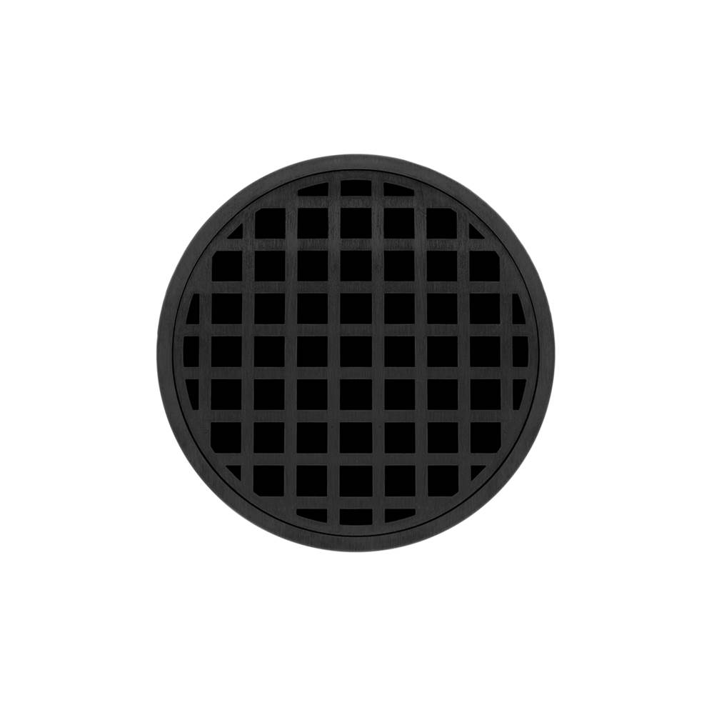 Infinity Drain 5'' Round RQD 5 Complete Kit with Squares Pattern Decorative Plate in Matte Black with Cast Iron Drain Body for Hot Mop, 2'' Outlet