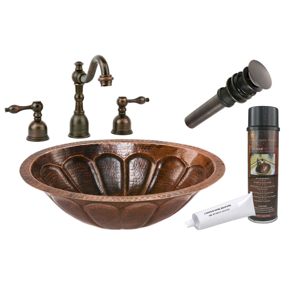Premier Copper Products Oval Sunburst Under Counter Hammered Copper Sink with ORB Widespread Faucet, Matching Drain and Accessories