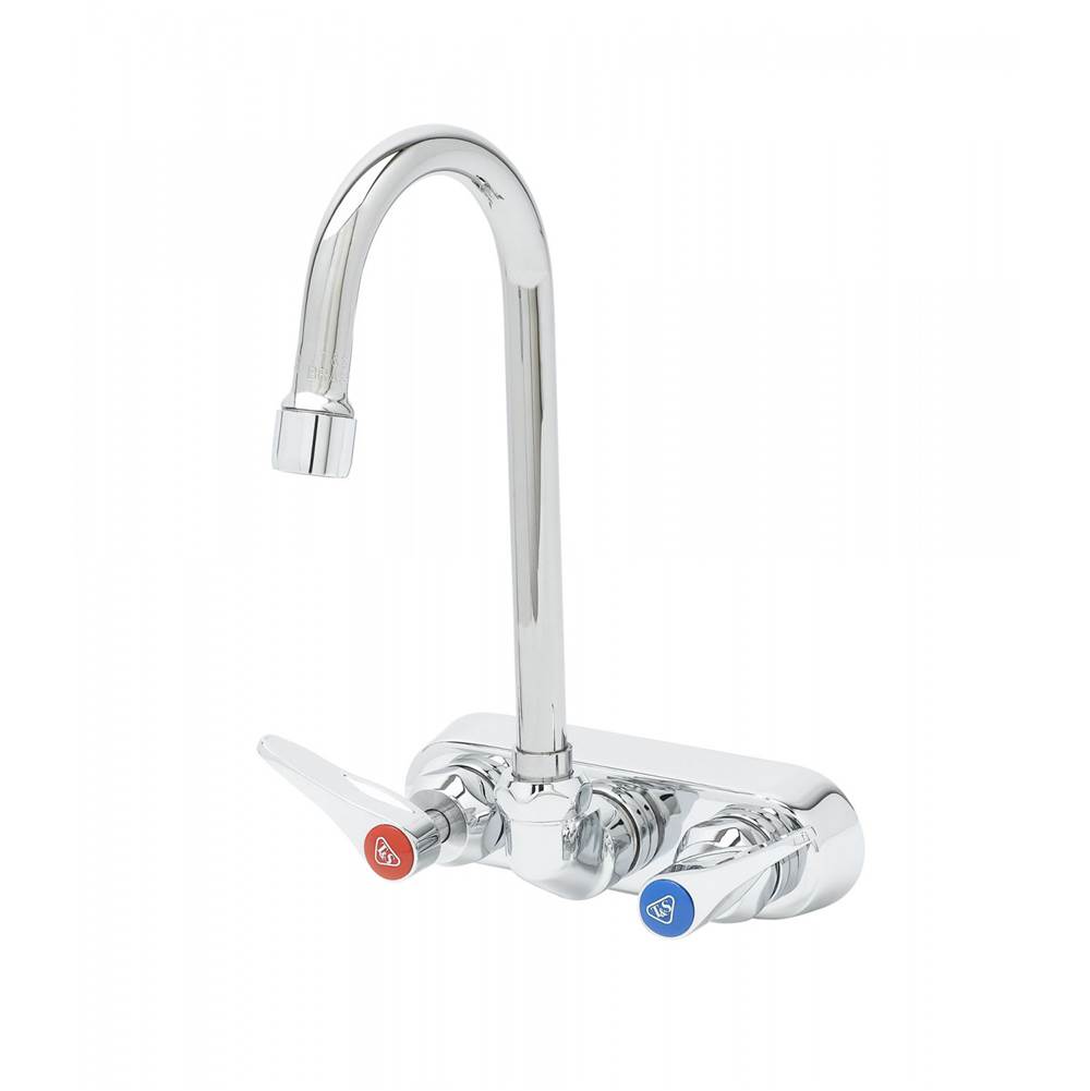 T&S Brass Workboard Faucet, 4'' Wall Mount, Ceramas, Lever Handles w/ Anti-Microbial Coating, Swivel Goosenect & 2.2 GPM Aerator