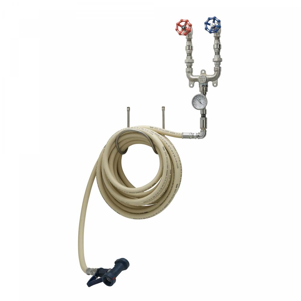 T&S Brass Washdown Station, Hot and Cold Water, Thermometer, Mixing Valve 3/4'' NPT Inlets, 50' Hose