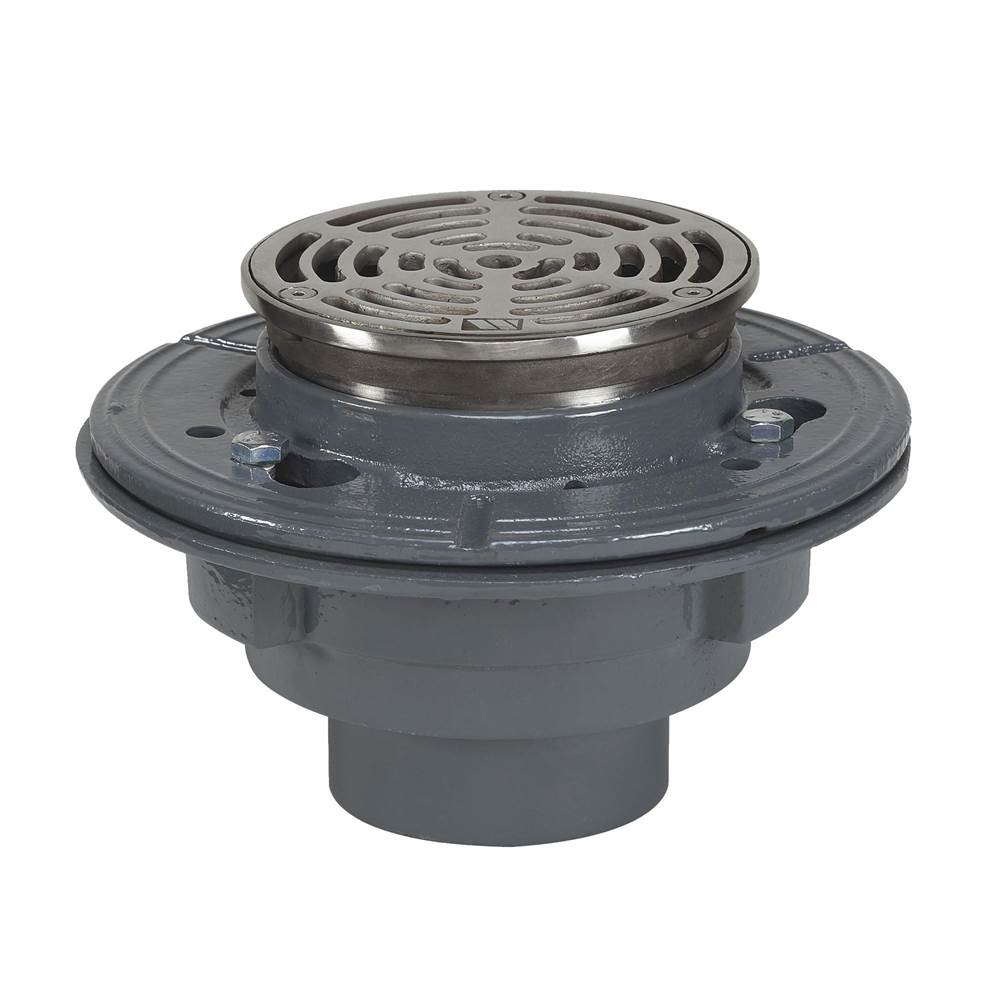 Watts Floor Drain, 6 IN Pipe, No Hub, Anchor Flange, Reversible Clamping Collar, 6 IN Adjustable Round Stainless Steel Top, Epoxy Coated Cast Iron