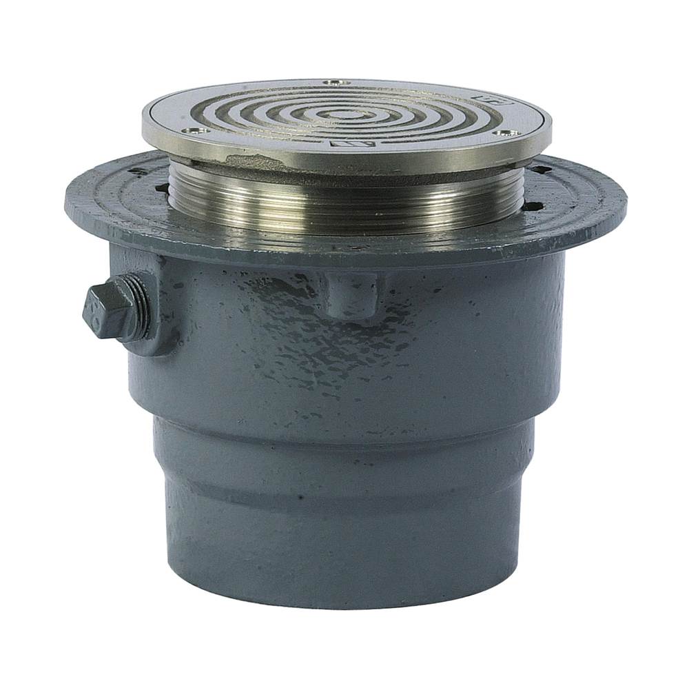 Watts Floor Cleanout, Epoxy Coated Cast Iron, 5 IN Round, Adjustable, Gasketed Nickel Bronze Top, Brass Cleanout Plug, 4 IN NH Outlet, MD Load Rating